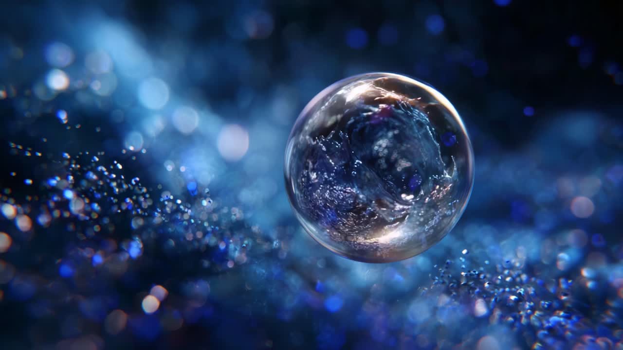 Mesmerizing Crystal Sphere Floating in a Sea of Glittering Cosmic Particles Captured in Stunning Detail, Highlighting the Beauty of Light and Reflection
