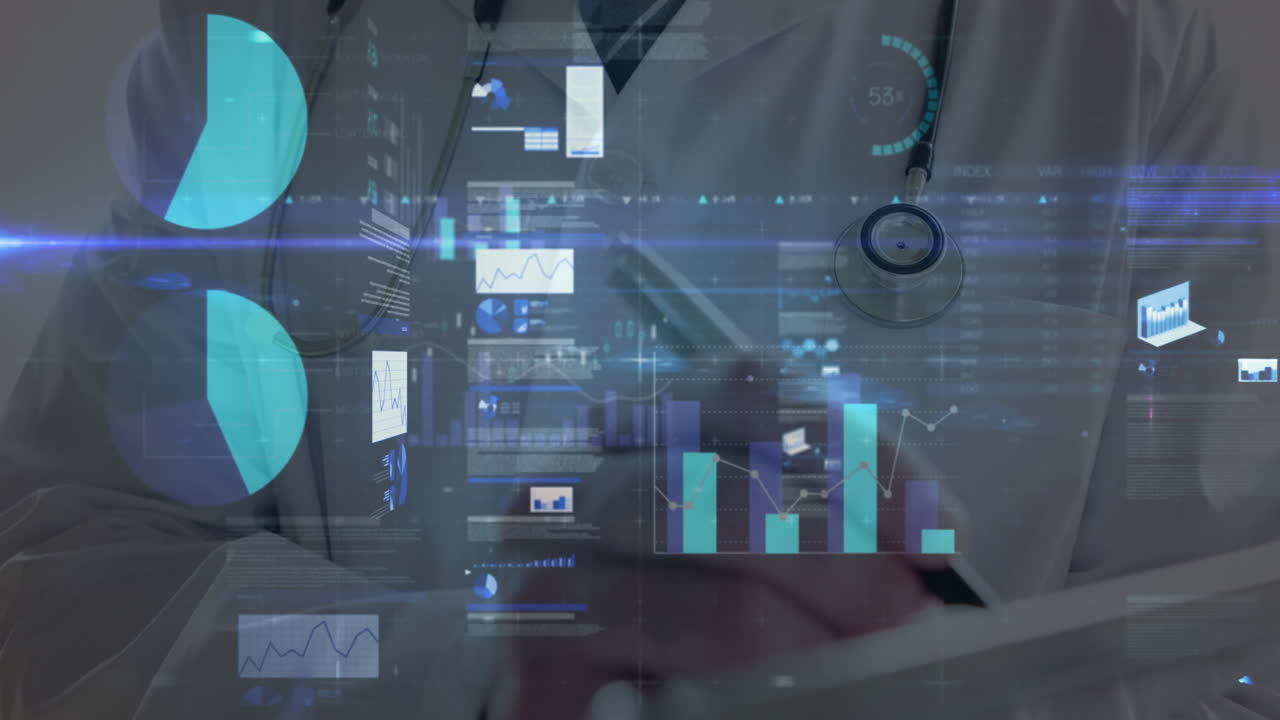 Animation of financial data over hands of caucasian male doctor writing