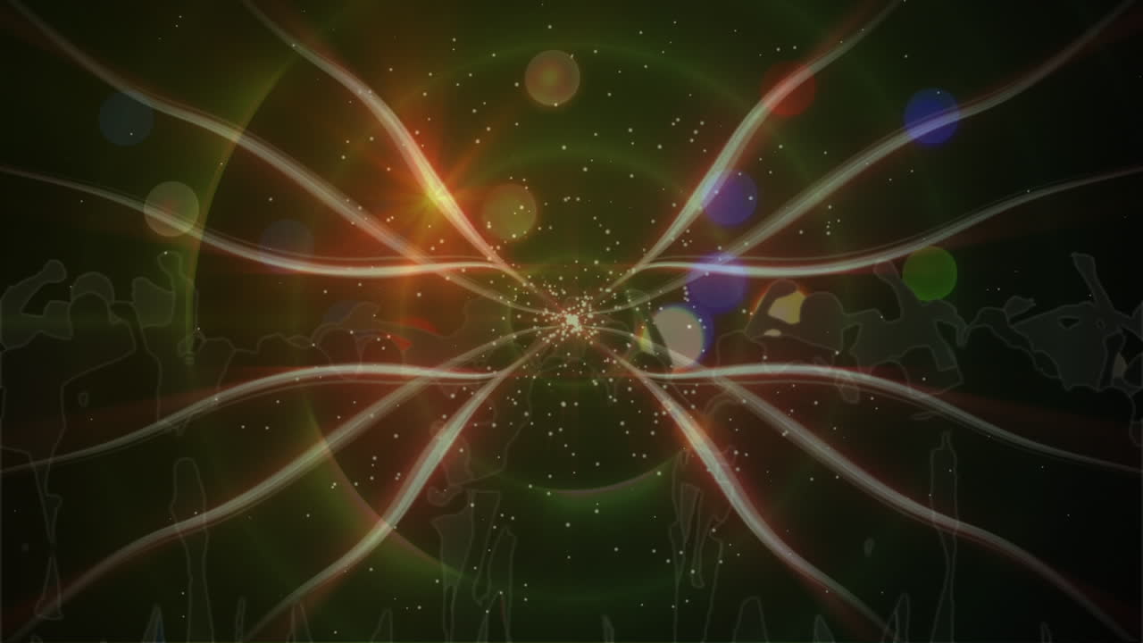 animación digital de rastros de luz y puntos coloridos de luz contra las siluetas de personas bailando