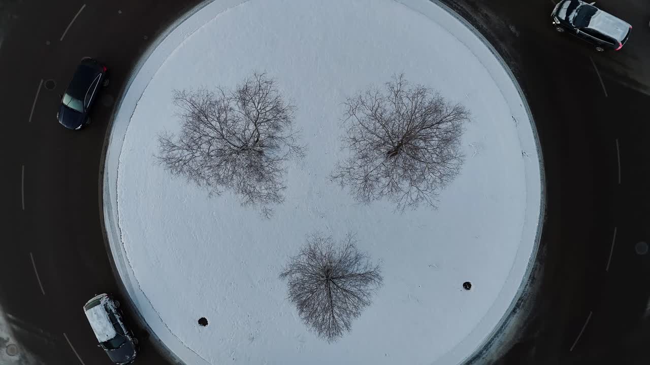 Tre alberi spogli formano una forma simile a un volto su una rotonda innevata, vista aerea.