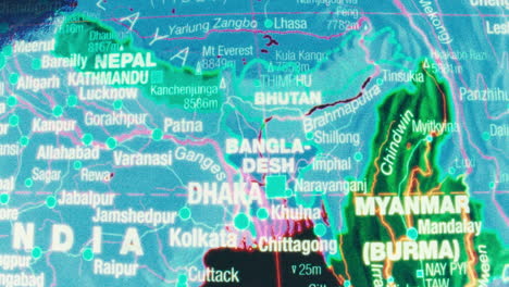 detailed digital map of south asia with illuminated borders and cities