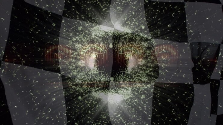 Animation of flashing lights over waving black and white racing flag