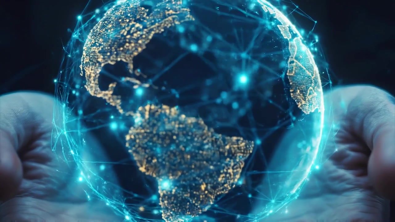 Mani che tengono un globo digitale luminoso con connessioni di rete globali