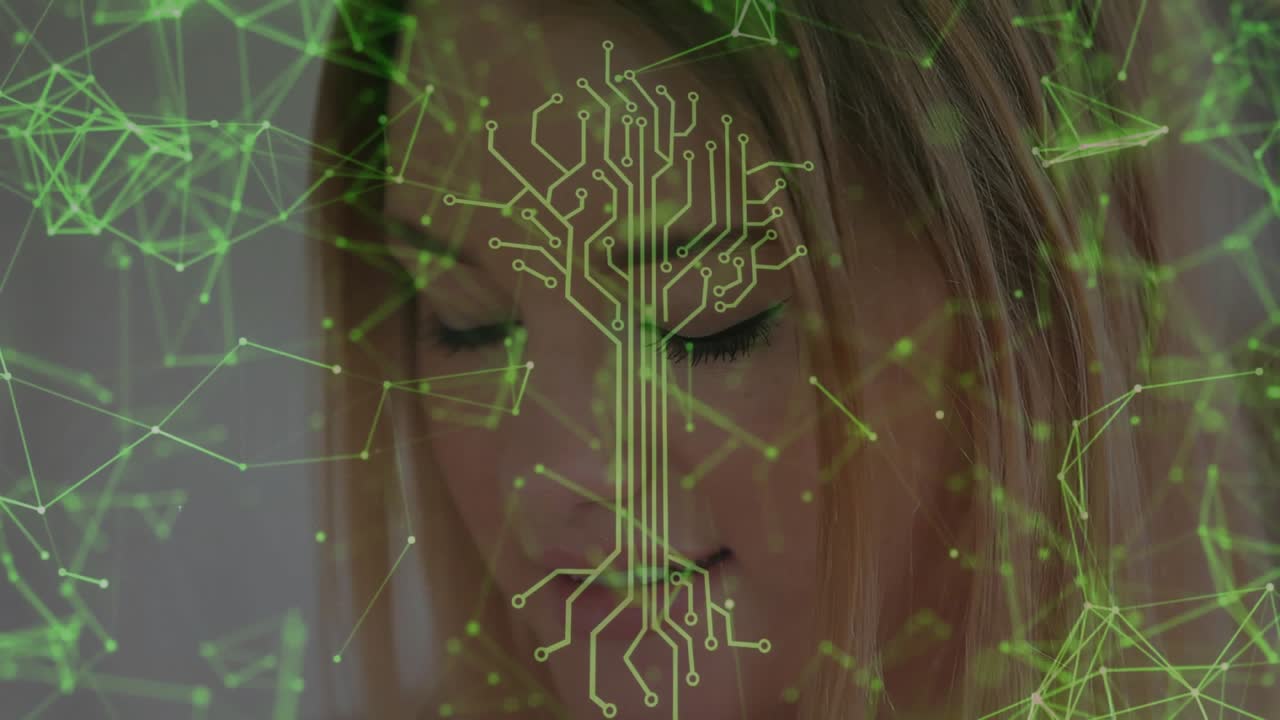 Woman standing before gray wall with network lines appearing and circuit-tree visualizing tech data