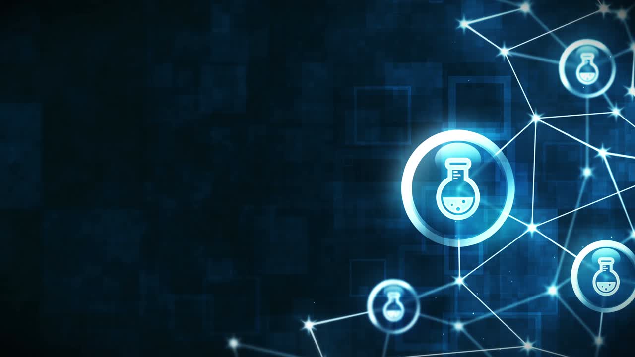 Polygonal space with connecting dots and lines. Wireframe polygon and icon. Round flask with liquid. Chemistry beaker icons floating. Medicine and Chemical connection.