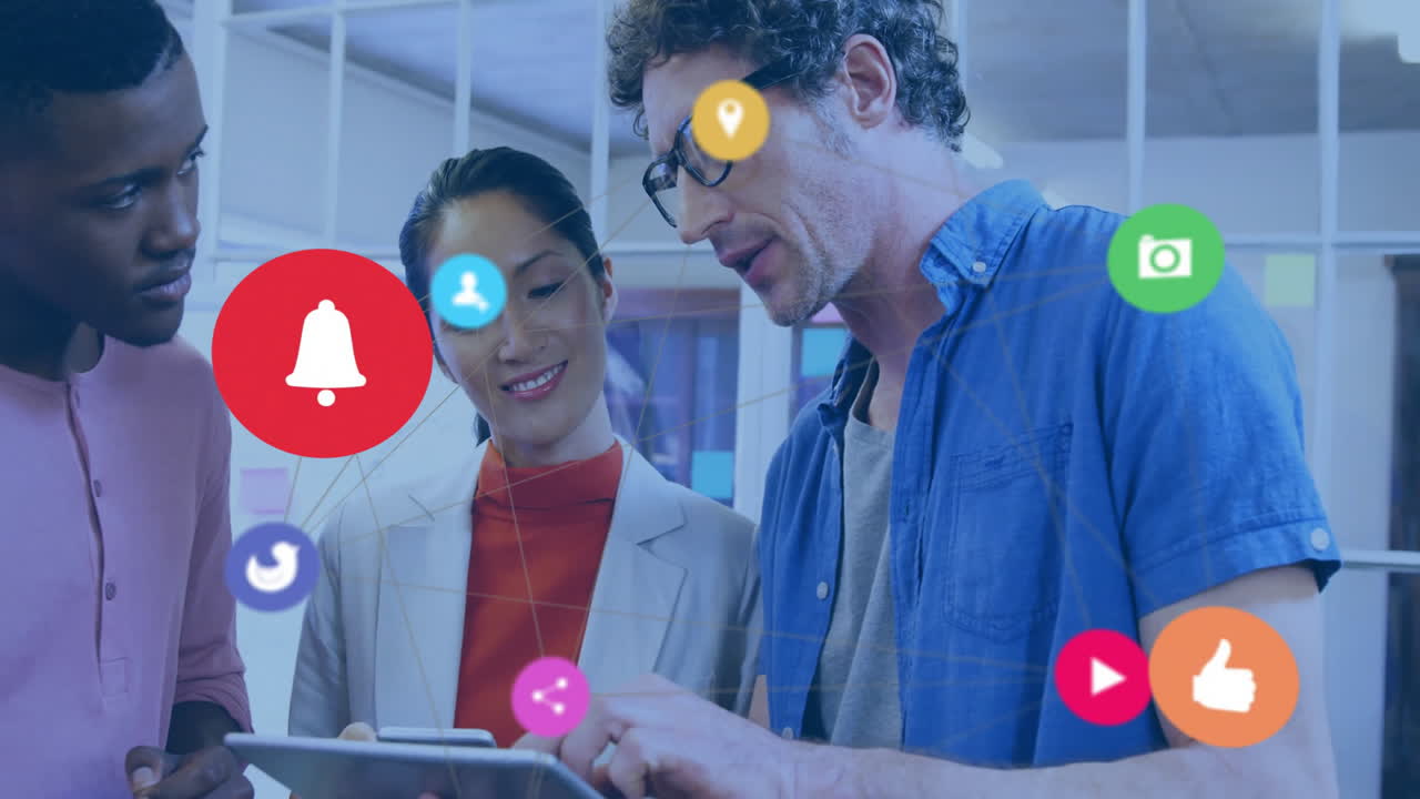 Collaborating with animation overlay, diverse colleagues discussing in office setting