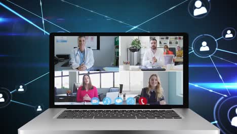 Digital-interface-with-icons-on-laptop-screen-with-people-talking-on-video-call