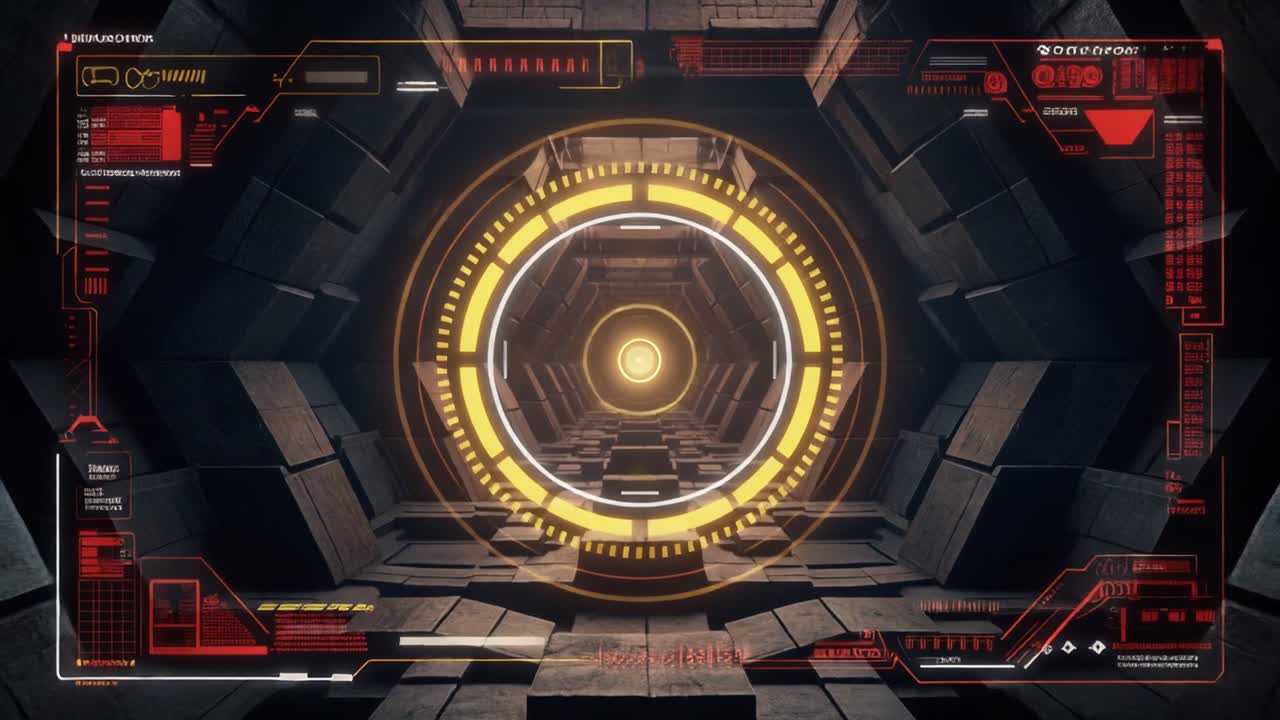 Futuristický sci-fi tunel s digitálním HUD a cílovým rozhraním