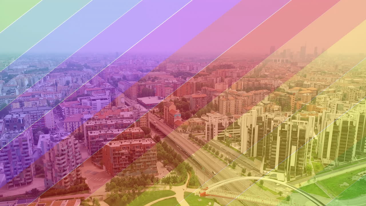 Cityscape with colorful diagonal lines animation over urban buildings and streets