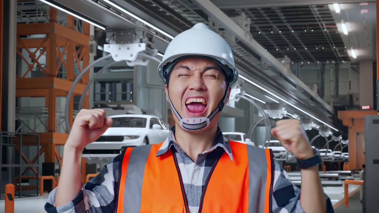 안전 헬을 착용한 아시아 남성 엔지니어의 클로즈업. ev 자동차 공장에서 일하는 것을 축하하는 목표를 비명을 지르고 있습니다.