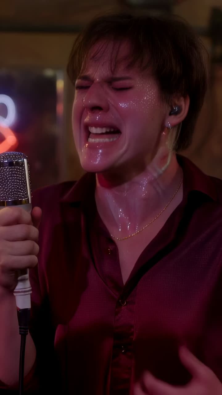 Video verticale: cantante con microfono argentato in mano, indossa una camicia bordeaux e intona una nota in un locale, raggiungendo l'apice vocale