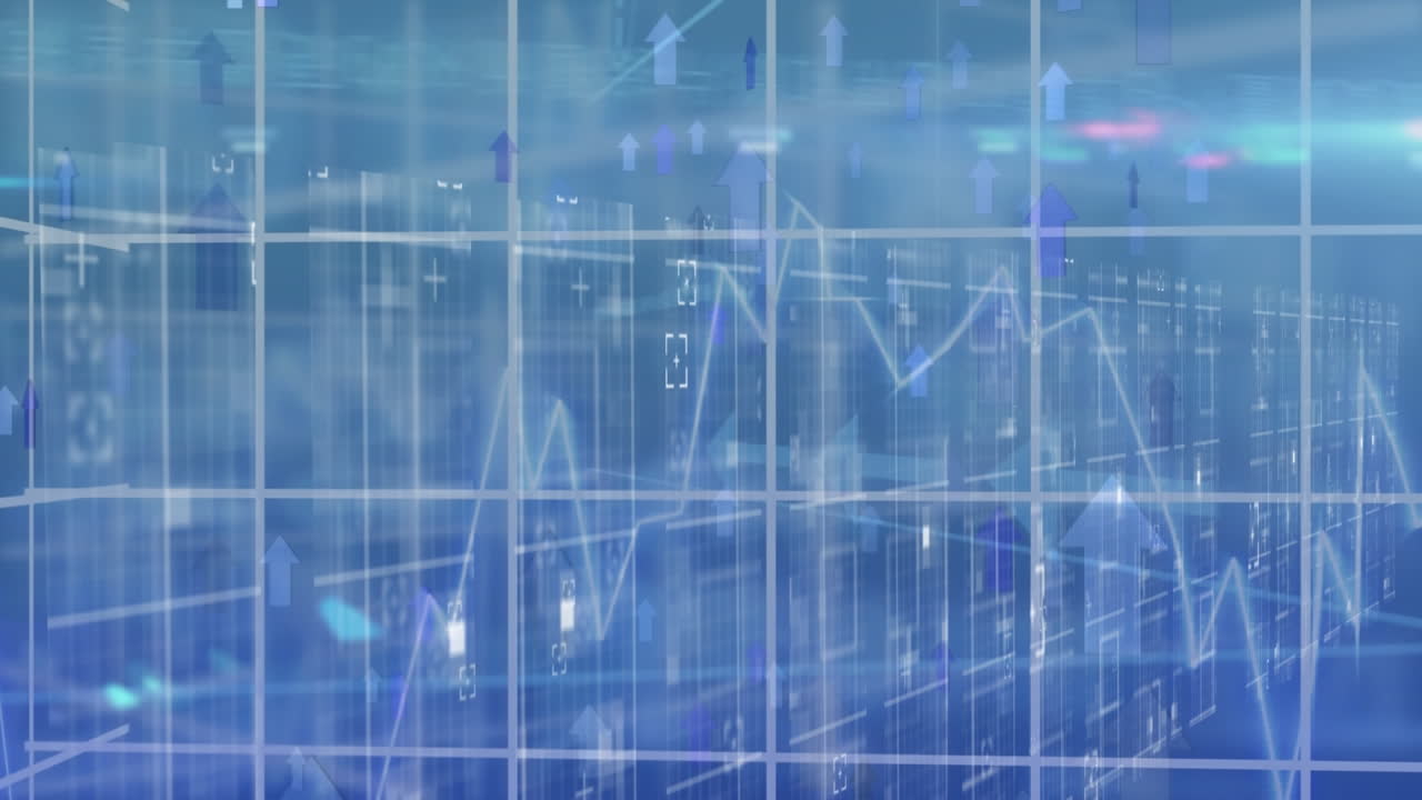 Animation of arrows and financial data processing over blue background