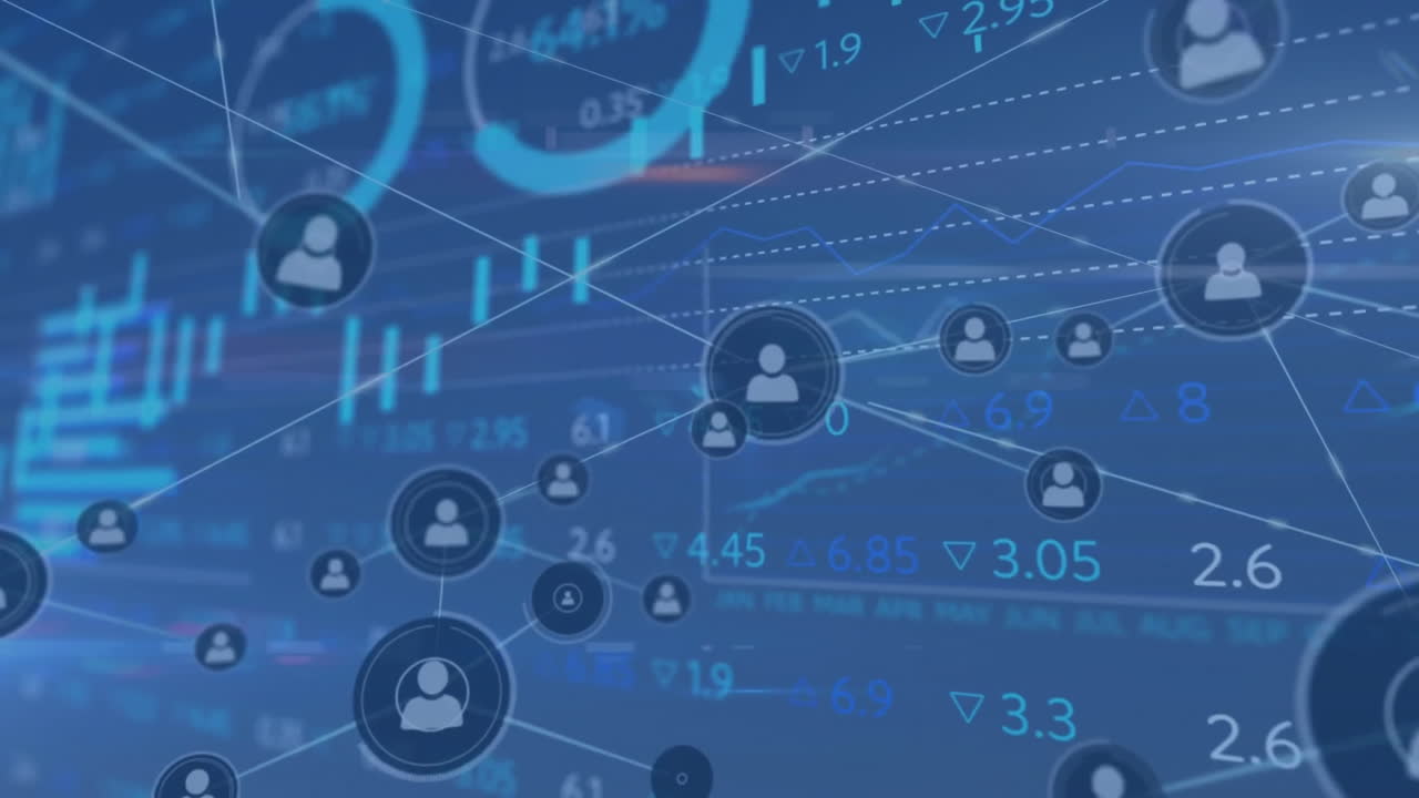 Animation of network of connections with icons and financial data processing