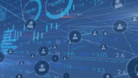 animación de la red de conexiones con iconos y procesamiento de datos financieros