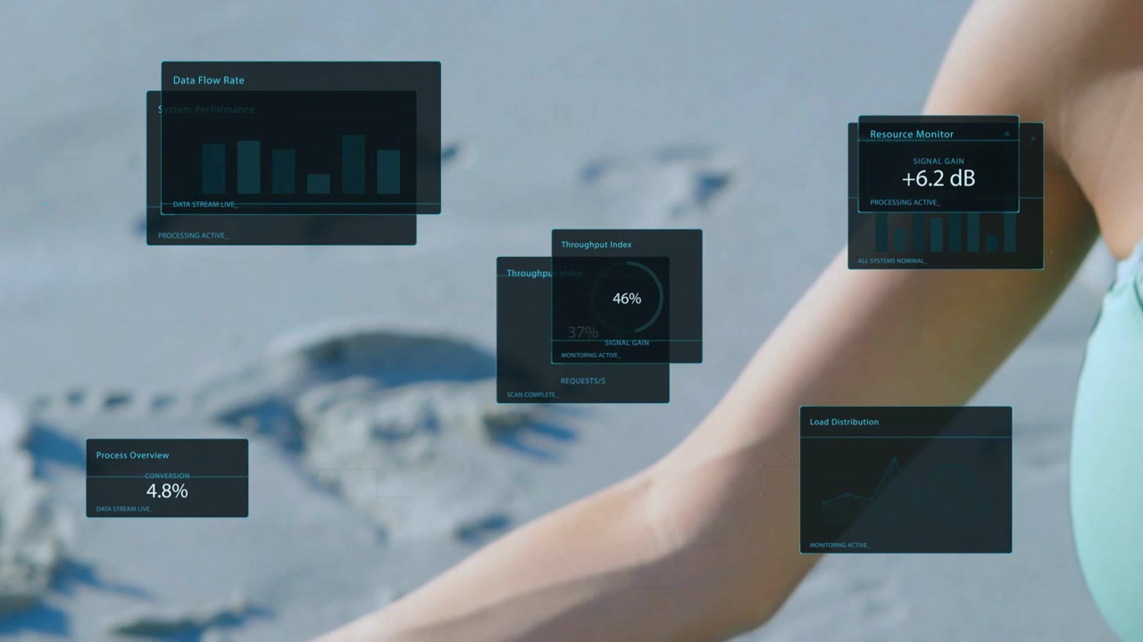 Woman sitting on sand square by nose opening HUD widgets around arm extending mudra tracking health