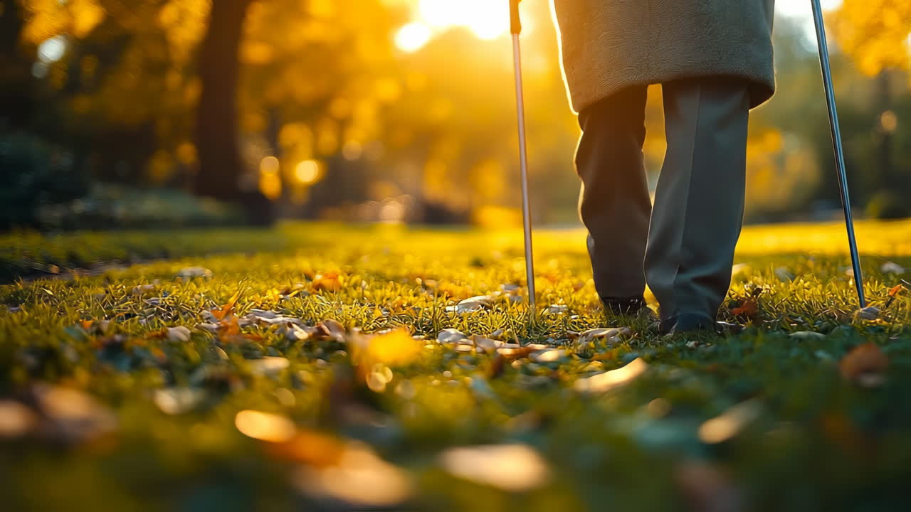 Peaceful autumn leaf walk. A person walks on a tree-lined path covered with colorful autumn leaves, enjoying the warm afternoon sunlight