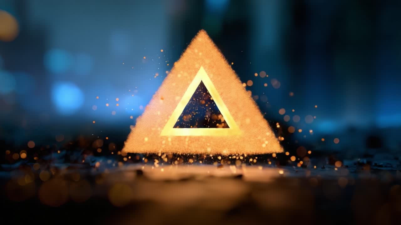 Un'affascinante trasformazione visiva che mostra un triangolo dorato brillante circondato da particelle scintillanti, che illumina una scena mistica con un'estetica moderna