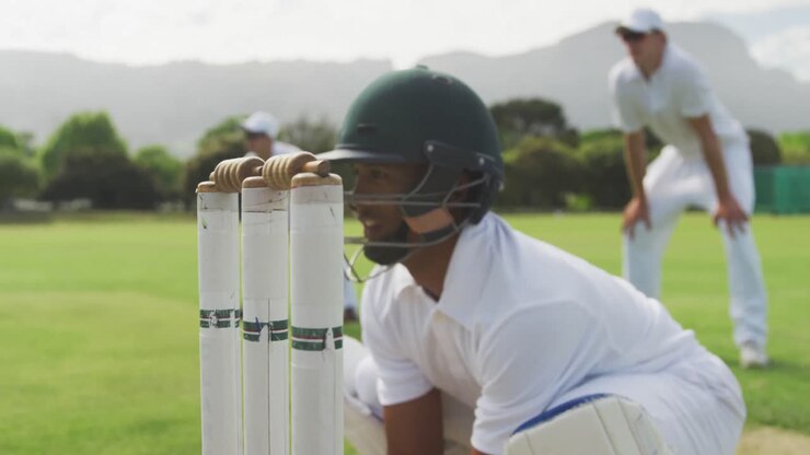 Giocatore di cricket che afferra la palla e abbatte i paletti.