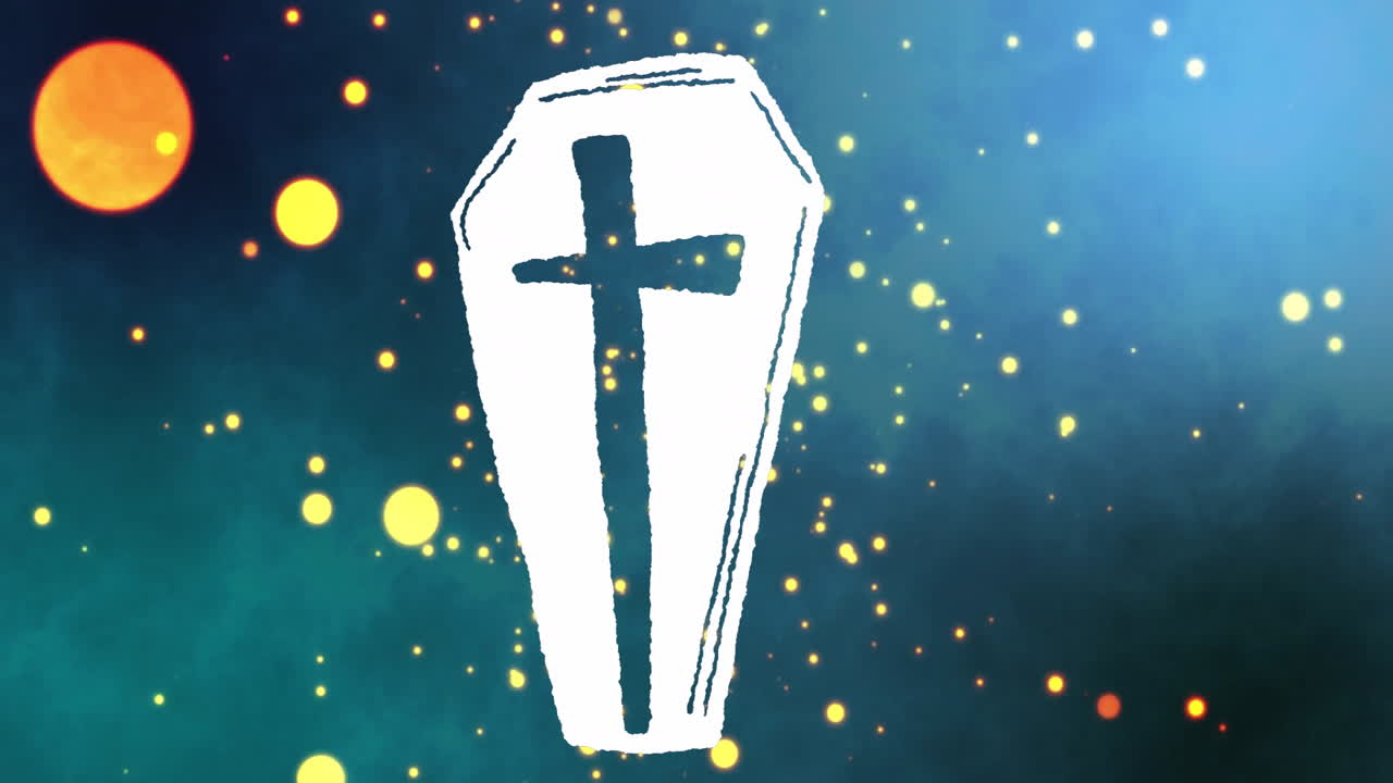 Animation of white coffin with cross surrounded by glowing particles on dark blue