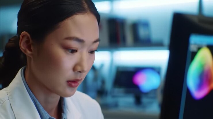 Focused Scientist Analyzing Data in a High-Tech Laboratory, Capturing the Intensity and Dedication of Modern Research in a Dynamic Scientific Environment