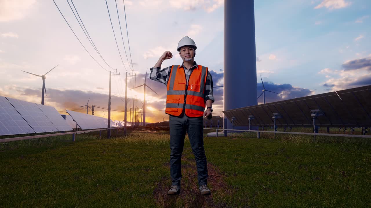 Full Body Of Asian Male Engineer With Safety Helmet Flexing His Bicep And Smiling To Camera While Standing With Solar Panel and Wind Turbines