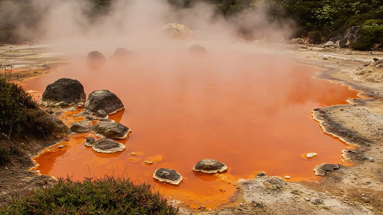 Bubbling Orange Thermal Pool Surrounded by Rocky Outcrops and Mist in a Volcanic Landscape, Highlighting the Unique Geothermal Activity of the Region