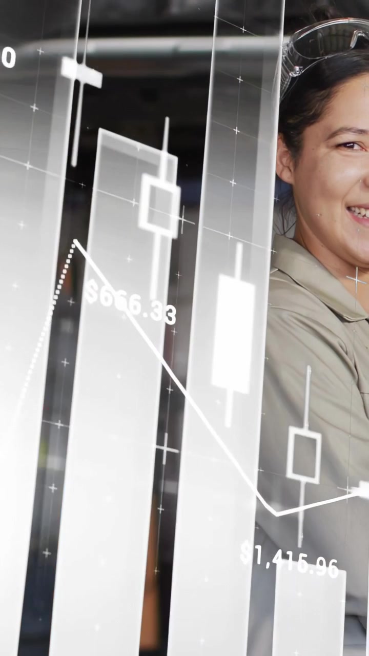 Vertical video: Shop tech standing right animated graphs appearing showing sales revealing smile