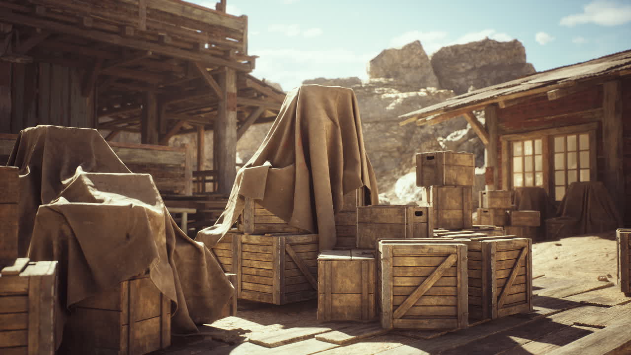 나무 상자 들 을 가진 먼지 가 가득 한 서부 도시