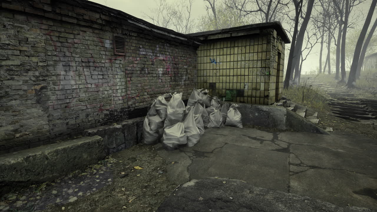 Urban decay and nature intertwine near abandoned structures in quiet setting