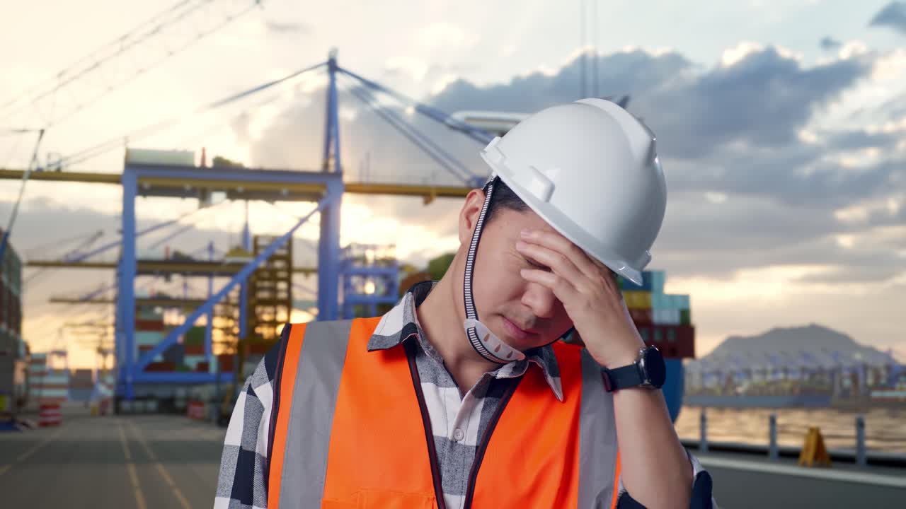 Nærbillede af asiatisk mandlig ingeniør med sikkerhedshjelm, der har hovedpine, mens han arbejder i havnen med et containerskib og kraner i solnedgang.