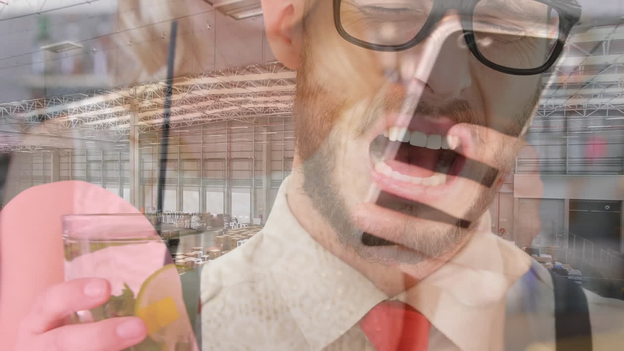 animación de una mujer caucásica usando una computadora portátil y un hombre en el almacén.