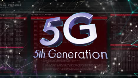 animation of 5g 5th generation text and financial data processing