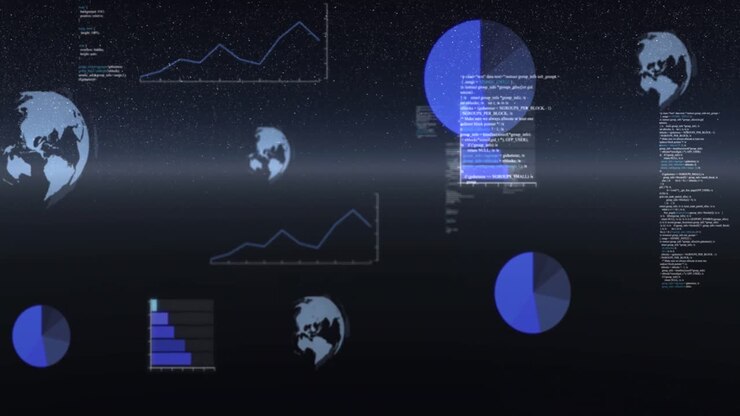 Animation of data processing, globes spinning and statistics recording over universe