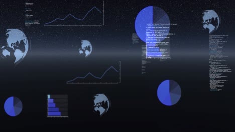 animation of data processing, globes spinning and statistics recording over universe