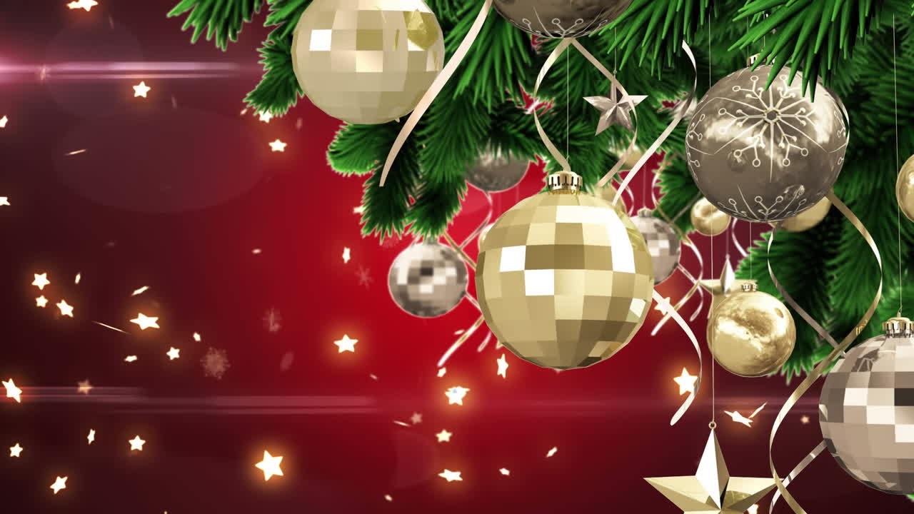animación de burbujas de navidad sobre fondo rojo con estrellas cayendo