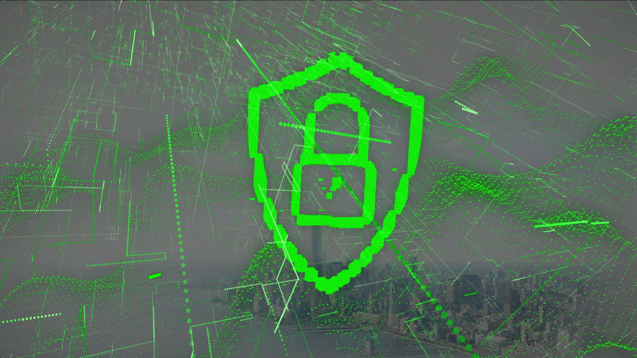 Green digital lock and shield animation over cityscape with network connections