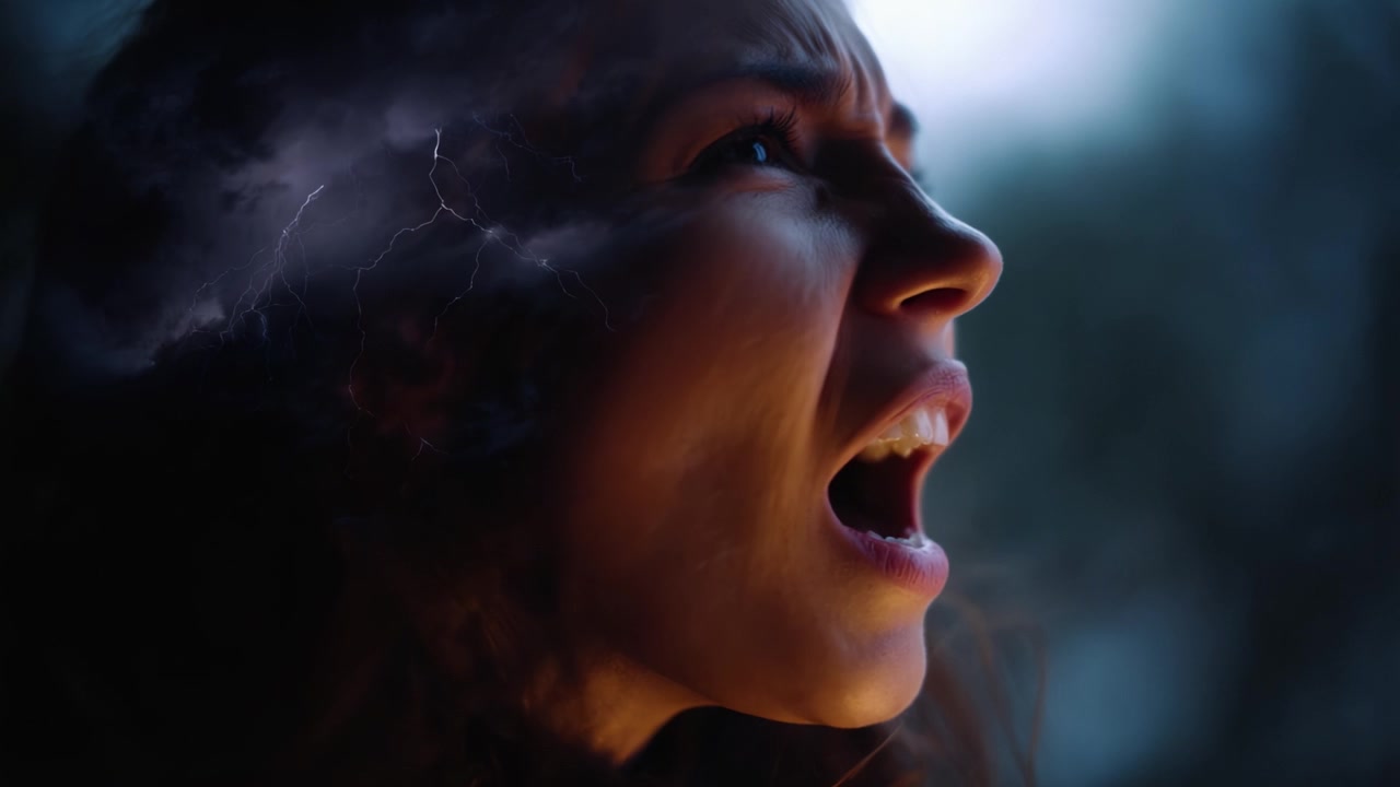 A Dramatic Expression of Inner Turmoil and Stormy Emotions Captured in a Powerful Moment of Screaming with Lightning Imagery Enhancing the Emotional Impact