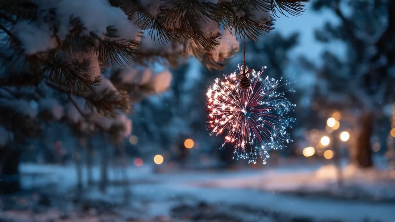 A Captivating Winter Evening: A Beautifully Lit Ornament Hangs from Snowy Pine Branches Amidst a Softly Falling Snow, Creating a Magical Atmosphere