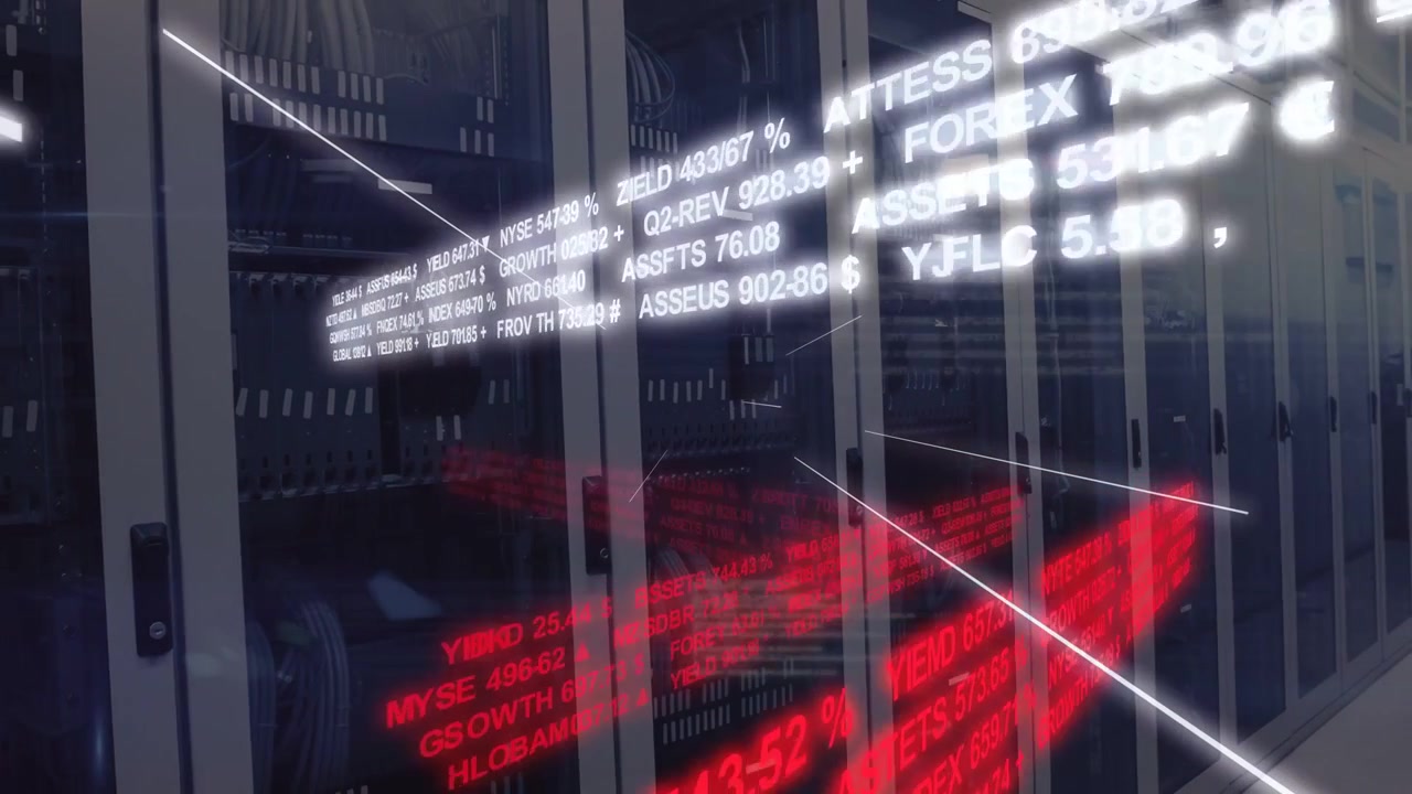 Server racks showing text appearing ribbon pulsing streaks camera drifting for data center ops