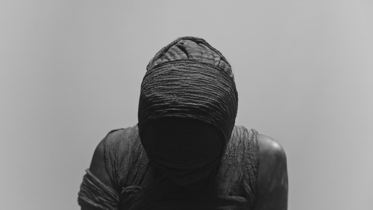 A mummy of a woman on a white backdrop turns her head