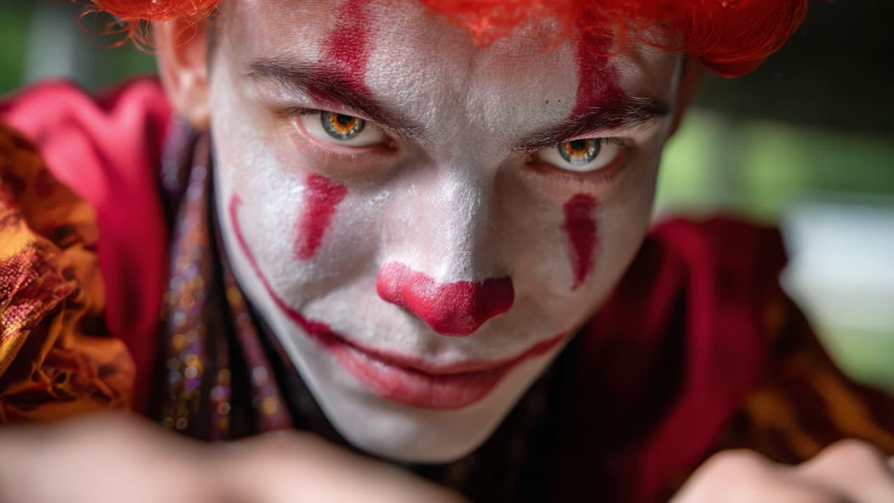 Mysterious Clown with Intense Gaze and Vibrant Makeup Captured in a Close-Up Frame, Highlighting Emotion and Expression in a Dramatic Setting