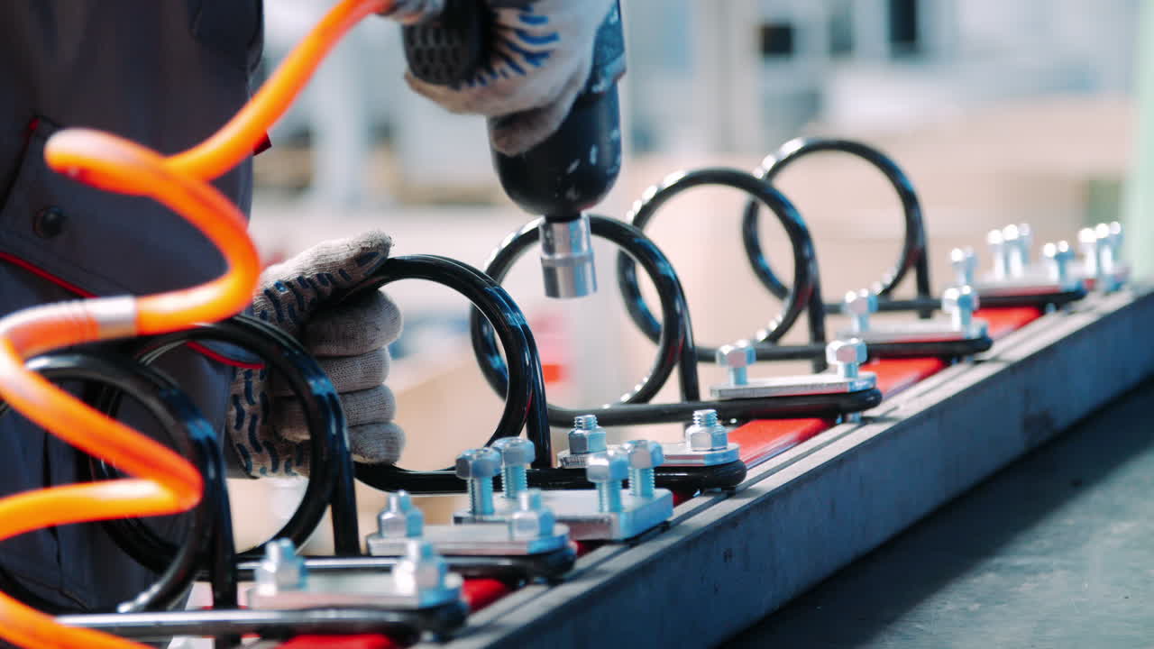 Tightening nuts with pneumatic wrench in workshop of assembly. Clamping nuts