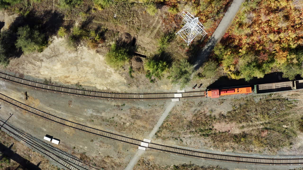 가을 숲 에 있는 화물 열차 의 공중 사진