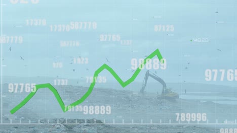 Mehrere-Wechselnde-Zahlen-Schweben-über-Einem-Grünen-Diagramm-Und-Bewegen-Sich-Gegen-Einen-Bulldozer,-Der-Auf-Einer-Mülldeponie-Arbeitet