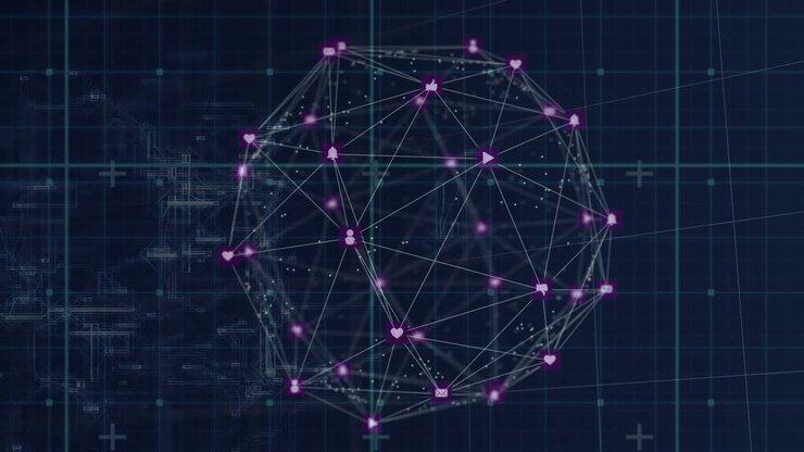Animation of data processing, network of connections with icons globe and grid