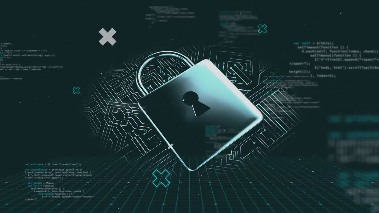 animación de un icono de candado con procesamiento de datos y procesador de computadora