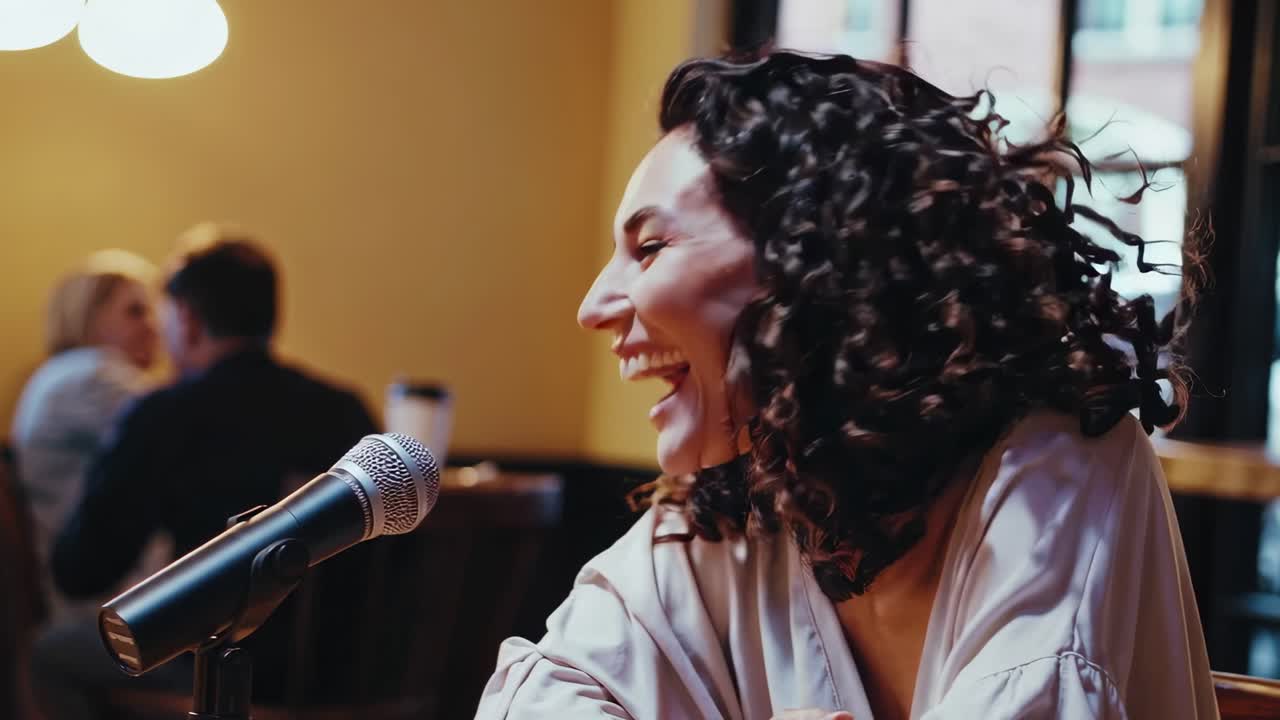 mujer riendo mientras habla en el micrófono en un café