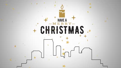 Animation-of-merry-christmas-text-with-gold-candle-and-stars-over-city-outline-on-white-background