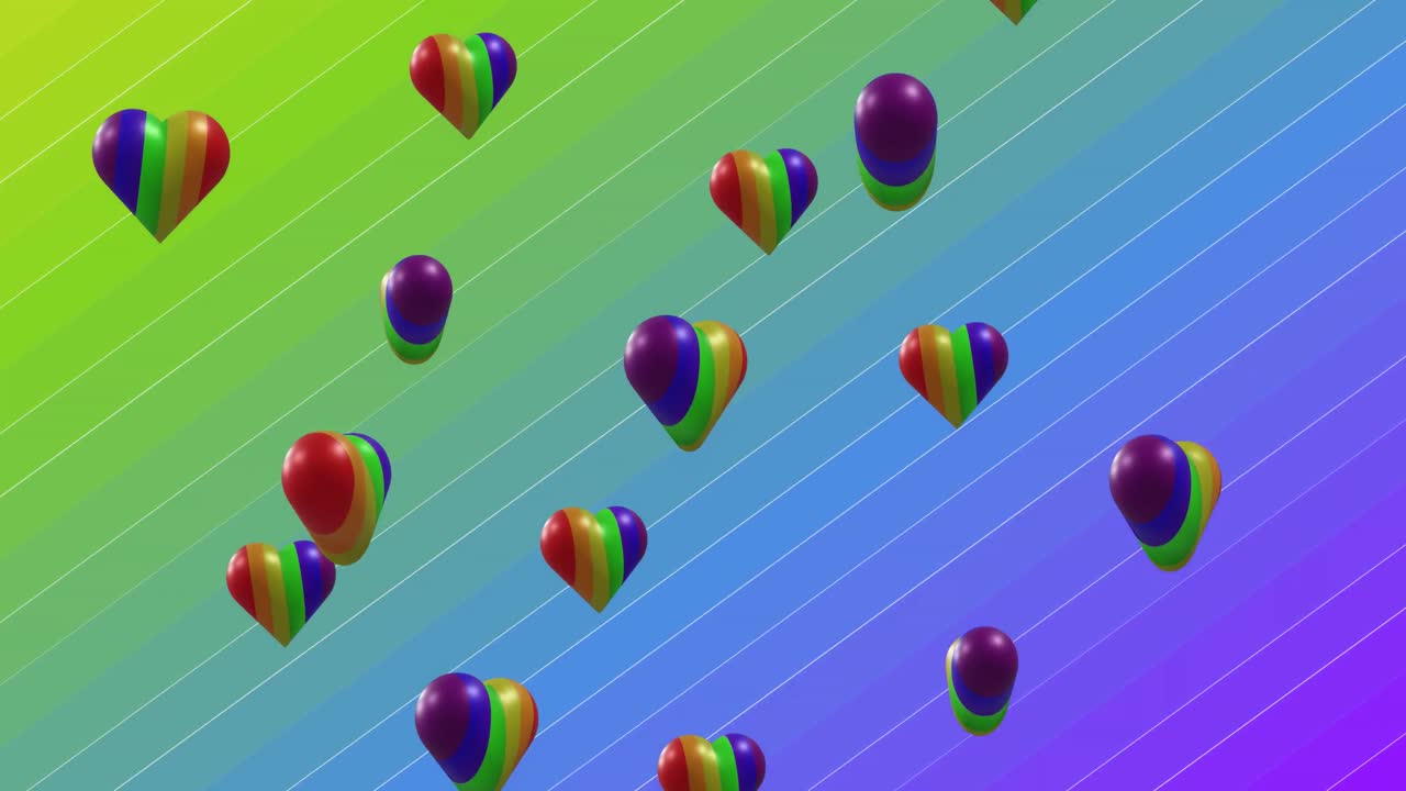 그라디언트 줄무 바탕에 회전하는 무지개 심장의 애니메이션