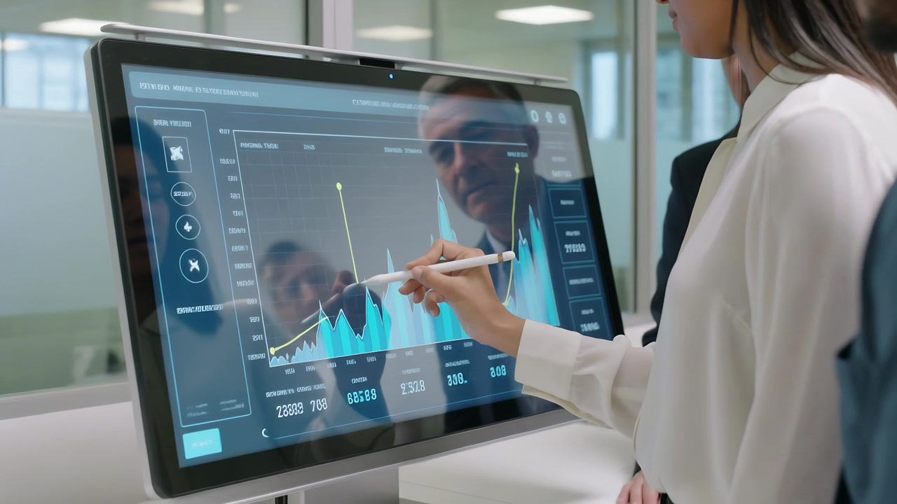 Bringing white stylus, woman white blouse touching touchscreen at office, marking data for manager